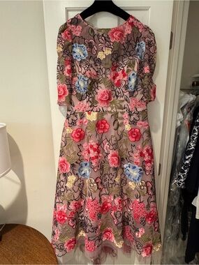 Teri Jon Pink Floral Embroidered Midi Dress